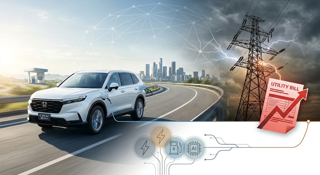 Honda CR-V e:FCEV plug-in hybrid charging next to a stressed electrical grid utility tower