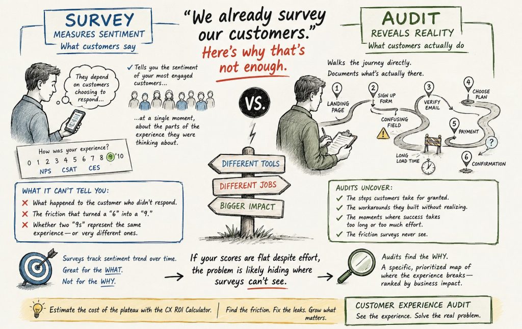 Customer Experience Audit versus Customer Satisfaction Survey Infographic